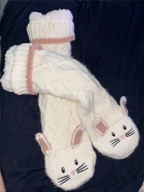 Cream Knit Cat Face Pet Socks with Bunny Ears